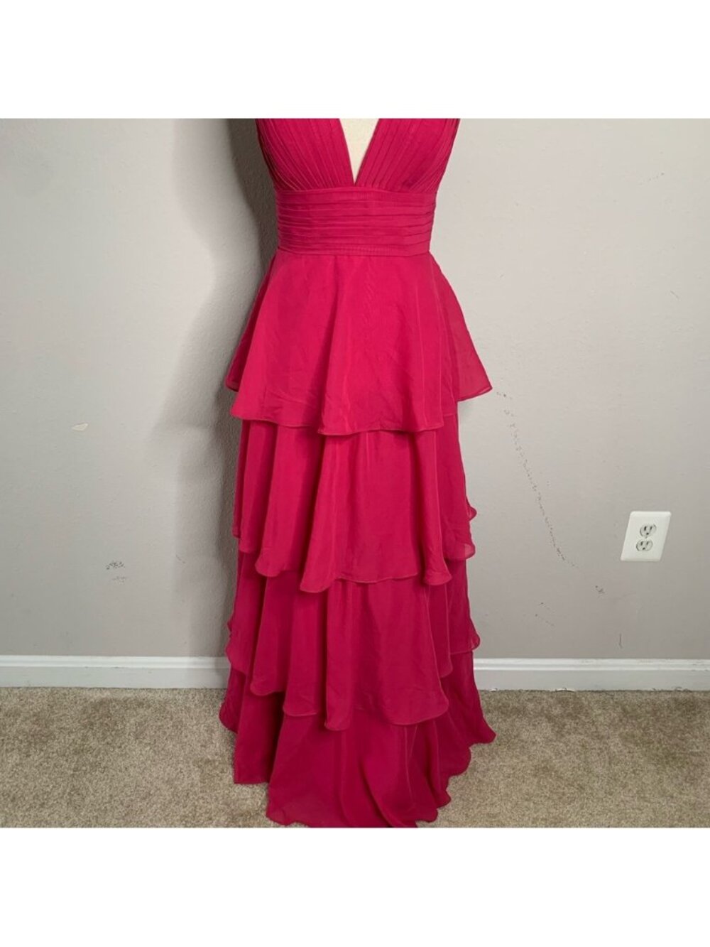 Fuchsia Pink Plunging V-Neck Tiered Chiffon Maxi Gown Sleeveless Formal Dress - Picture 9 of 14